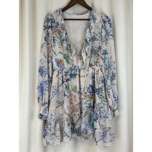 Super Natural by Secret Mission Floral Boho Chiffon Mini Dress Beige Size L